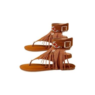 Imagem de OYOANGLE Sandália feminina Boho com franja e tira no tornozelo, bico aberto, sandálias rasteiras ocidentais casuais de verão, Marrom escuro, 36