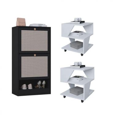 Imagem de Kit Sapateira 2 Portas E 2 Mesas De Cabeceira-centro Poquema Branco-preto