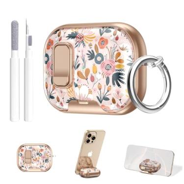 Imagem de Aircawin Capa transparente com trava segura para Airpods Pro 3, floral fofo feminino para Airpods Pro 3ª geração com suporte para telefone, pop-up automático, proteção híbrida com mosquetão e caneta