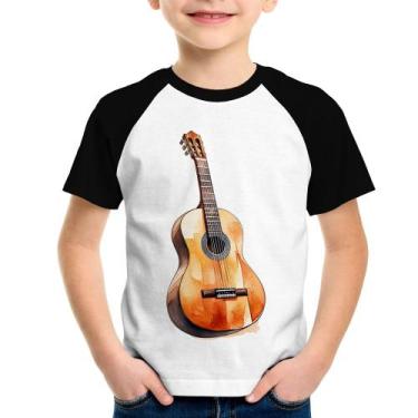 Imagem de Camiseta Raglan Infantil Violão - Foca na Moda, Branco, Preto, 12