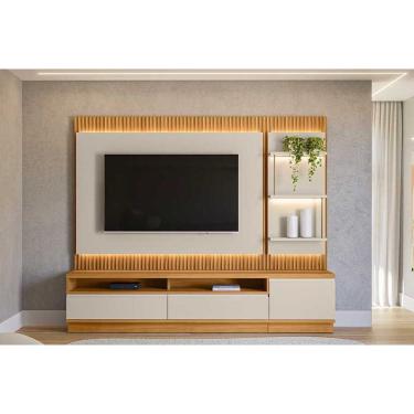 Imagem de Home p/ TV até 70 Pol São Paulo Ripado c/ 1 Pta 2Gav 3 Prateleiras e Leds 238x198cm Tauari/Off White Fosco - Linea Brasil