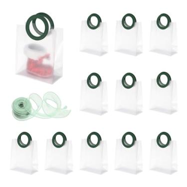 Imagem de PATIKIL Sacos de presente transparentes reutilizáveis com alça e fita, 12 peças de sacolas de plástico para doces e doces para festa de celebração do festival de aniversário de casamento, verde (21 cm