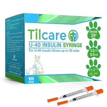Imagem de Seringas de insulina para animais de estimação Tilcare U40 com agulha, 29 g, 0,5 cc, 12,7 mm, 1,27 mm, pacote com 100 – Seringas para diabéticos sem látex – Seringa médica esterilizada ultrafina para diabetes individualmente embalada para segurança