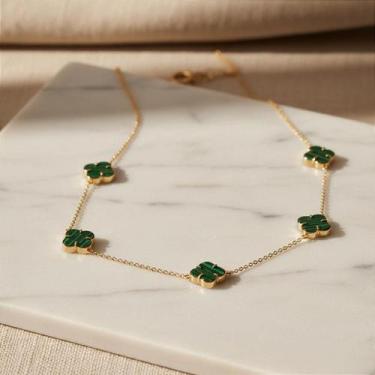 Imagem de Colar de Ouro 18k com 5 Trevos de Malaquita Natural - Elegância e Sofi