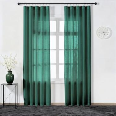 Imagem de Ftinala Cortinas verde-escuras semitransparentes de 236 cm de comprimento, cortinas de linho texturizadas caçador de esmeralda para sala de estar, quarto, painel de janela de porta de vidro deslizante