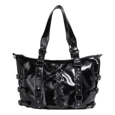 Imagem de NLAIOUSL Bolsa de ombro moderna de couro PU de grande capacidade para motocicleta, rebites punk, laços cruzados, bolsa nas axilas para mulheres
