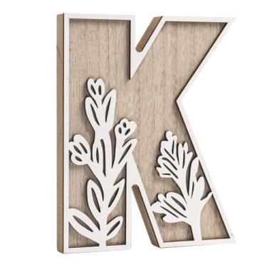 Imagem de caiydramy Letras de madeira florais pintáveis em camadas 3D para decoração de parede, letras do alfabeto de 12,4 cm para artesanato, letra K, decoração de mesa, placa de nome de berçário boho