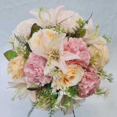 Imagem de Buquê de Noiva Artificial com Flores Coloridas para Casamento Civil ou Religioso(Cravo Rosa/Lírio/Champanhe)