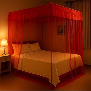 Imagem de Mosquiteiro casal box com armação estilo palácio, cortinado volta ao mundo, abertura lateral prática para cama dupla (vermelho)