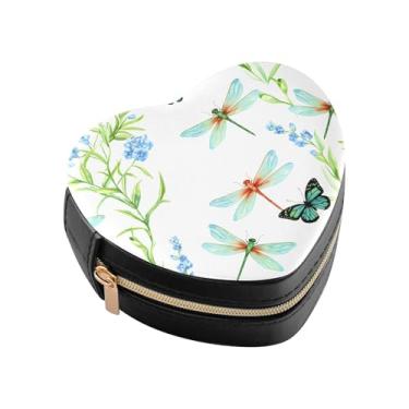 Imagem de Burbuja Caixa de joias em forma de coração com libélulas em aquarela para mulheres e meninas, estojo portátil organizador de armazenamento para brincos, anéis, colares e pulseiras
