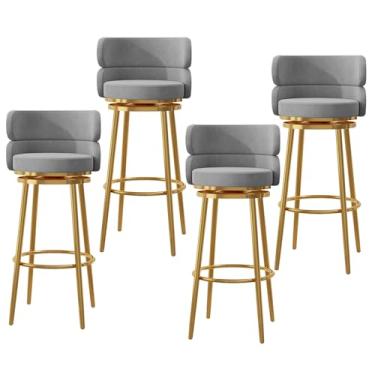 Imagem de Conjunto de bancos de bar estofados de veludo de 4,65 cm, banquetas giratórias com apoio para os pés e pernas de metal dourado, bancos de jantar estofados de café da manhã com encosto alto, cinza