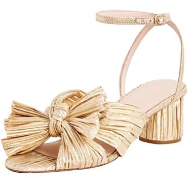 Imagem de MICIFA Salto com laço dourado para mulheres, bico aberto, salto grosso, laço com nó, sandálias de salto alto com tira no tornozelo, sapatos de casamento para noivas, Ouro/5 cm, 3