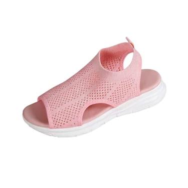 Imagem de Sandálias femininas de malha de malha com sola macia e salto baixo para conforto no verão, rosa, 39