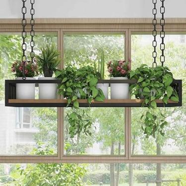 Imagem de Rack de vaso de flores criativo para pendurar no teto, prateleira de exibição de plantas de madeira maciça e ferro, suporte de armazenamento de 3 camadas para varanda, bar, floricultura - 80 x 25 x 15