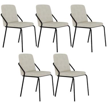 Imagem de Kit 05 Cadeiras Estofada Para Sala De Jantar Loft Preto C01 Bouclê Vanilla - Lyam Decor