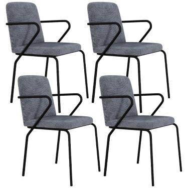 Imagem de Kit 04 Cadeiras Estofada Para Sala De Jantar Com Braço Loft Preto C01 Linho Prata - Lyam Decor