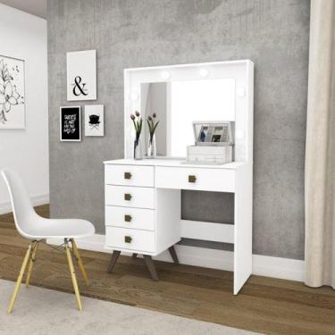 Imagem de Penteadeira Camarim Retrô com 5 Gavetas e Espelho - Branco - Movelbent