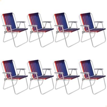 Imagem de Kit 08 Cadeiras E Praia Tramontina Samoa Alta Em Alumínio Com Assento Azul Escuro E Laranja 92900000