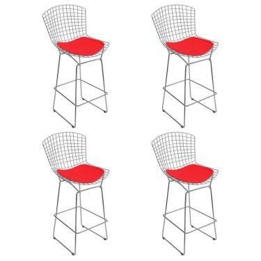 Imagem de Kit 4 Banquetas Bistrô Bertoia Cromada D70 Com Assento Sintético Vermelho