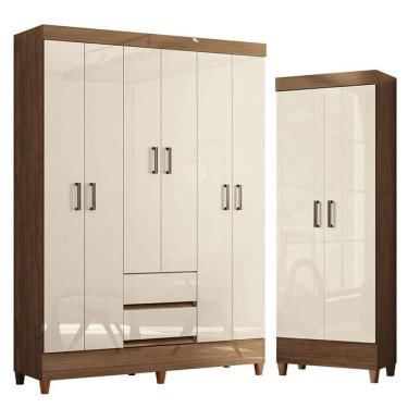 Imagem de Guarda Roupa Casal 6 Portas Com Pés Fit E Armário Multiuso Fit Jequitibá Off White Acetinado - Santos Andirá