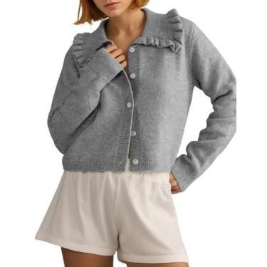 Imagem de Cardigan Arssm feminino com babados, gola recortada, botão, cinza