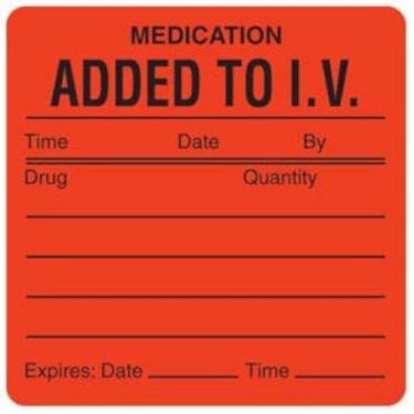 Imagem de Tabbies Etiqueta de instruções de medicamento veterinário, "Medicamento adicionado ao IV tempo_…", 2-1/2" L x 2-1/2" A, vermelho fluorescente, 390 etiquetas por rolo