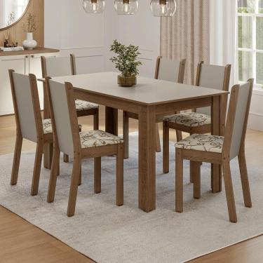 Imagem de Conjunto Sala de Jantar Lucena Mesa Tampo de Madeira 6 Cadeiras Rustic/Crema/Lírio Bege Madesa