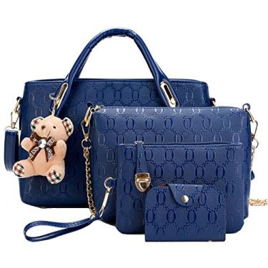 Imagem de FiveloveTwo Bolsa feminina com alça superior de 4 peças, conjunto de bolsa Hobo, bolsa grande + bolsa + bolsa de ombro + porta-cartão, Azul, One Size