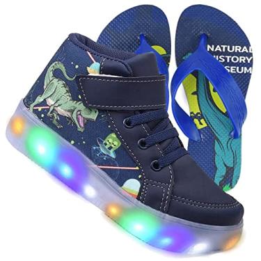 Imagem de Tenis Botinha Masculino De Led Com Calce Facil Infantil Dinossauro DIversão Luzinha + Chinelo Cor:Azul; Tamanho:33