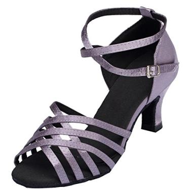 Imagem de Salabobo YYM-L150 Sapatos femininos de dança latinos para festas de salão de casamento Cha-cha Peep Toe salto médio cetim lantejoulas, Roxa, 8