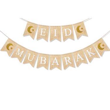 Imagem de Uniwish Eid Mubarak Banner de juta Ramadan Mubarak Decorações para lareira de casa, decoração rústica com estrela da lua