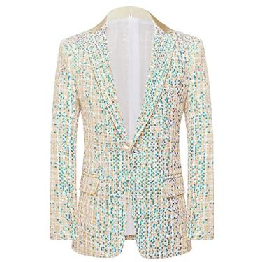 Imagem de Blazer masculino de tweed blazers slim fit terno formal de um botão jaqueta casamento formatura jantar casaco de lantejoulas casual elegante clássico outwear, branco, M (busto: 94 cm)