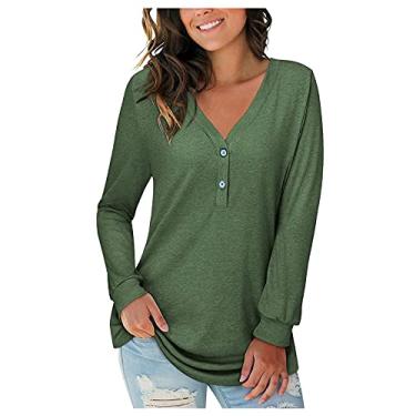 Imagem de Camisa feminina casual de manga comprida, cor sólida, caimento solto, camiseta de outono com botões e gola V, blusas de todas as combinações, P-3GG, B - verde-exército, XXG