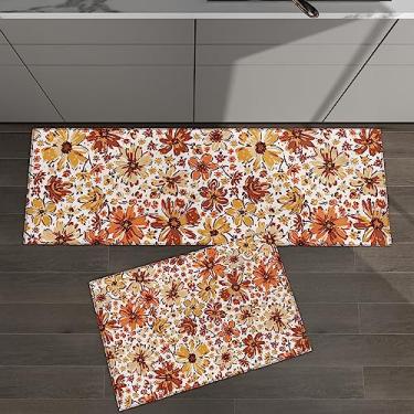 Imagem de Conjunto de 2 tapetes de cozinha flor de outono vintage floral laranja marrom para tapetes acolchoados no chão tapetes e tapetes antiderrapantes absorventes corredor confortável tapete de pé