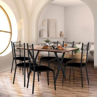 Imagem de Conjunto Sala De Jantar Em Aço Mesa Com 6 Cadeiras Estofadas Preto Fes