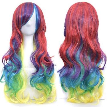 Imagem de IMISSU Perucas de cabelo longo natural peruca cosplay com franja colorida fantasia de Halloween perucas de festa (Vermelho Verde Amarelo)
