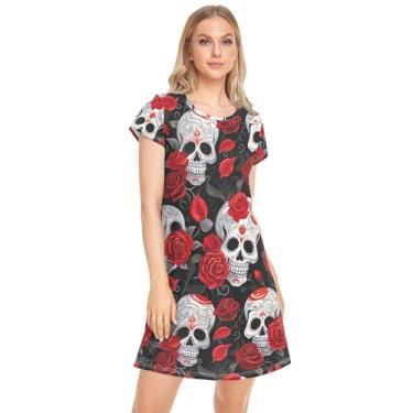 Imagem de CHIFIGNO Camisola feminina de manga curta estampada camisola confortável para mulheres camisola de Natal para dormir, Crânios de açúcar engraçados, rosas vermelhas, GG