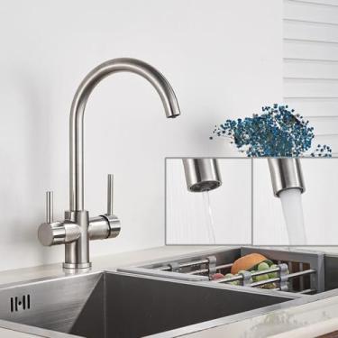Imagem de Torneira de cozinha de água pura de latão preto e branco alça dupla água potável quente e fria filtro de 3 vias torneiras misturadoras de cozinha, escovado, B, 1