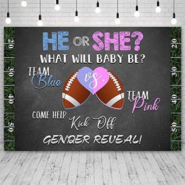 Imagem de Sendy 2,1 x 1,5 m futebol revelar gênero pano de fundo ele ou ela What Will Baby Be Party fotografia fundo rosa e azul equipe esportes temático revelação de gênero decorações de festa adereços de estúdio fotográfico
