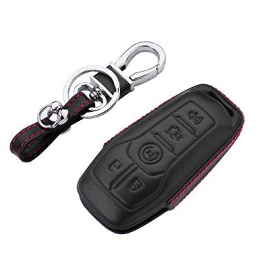 Imagem de Capa de couro genuíno com 4 5 botões da RoyalFox para Ford Mustang Explorer Taurus F-150 Fusion (Mondeo) Edge, Lincoln MKZ MKC MKX Smart Key, bolsa de chave de controle remoto para carro com chaveiros e chaveiros preto
