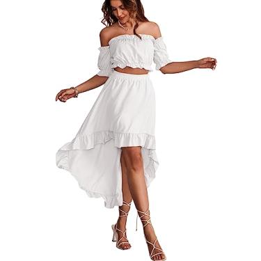 Imagem de LYANER Conjunto feminino de duas peças, blusa cropped com ombro de fora e saia alta baixa, branca, grande, Branco, G
