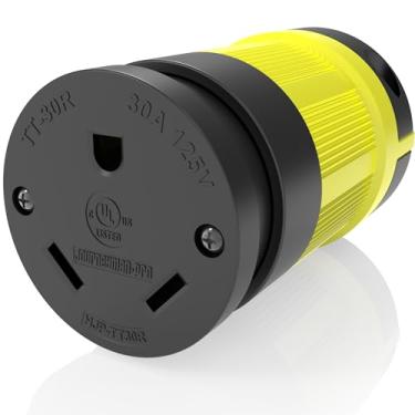 Imagem de Journeyman-Pro NEMA TT-30R, 30 Amp, 125 Volts, conector fêmea de reboque RV de lâmina reta, preto/amarelo de grau industrial, aterramento 3750 Watts gerador TT30 (TT30R-amarelo)