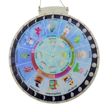 Imagem de Langjitianya Calendário escolar em casa para crianças, roda do ano, calendário perpétuo de madeira, roda de fases da lua, roda de calendário Waldorf, calendário suspenso de madeira, ritmos da natureza