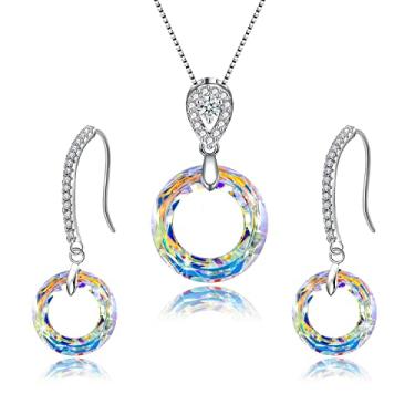 Imagem de psaakon Conjuntos de joias, brincos, colares para mulheres, pingente redondo Love Fantastic World, presentes para mãe, esposa, avó, aniversário, joias para ela, 46 + corrente de 5 cm, Cobre, Cristal