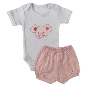 Imagem de Conjunto Body Manga Curta Bordado Elefantinho e Short Tapa Fralda - Roupa Bebê Menina-Feminino