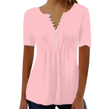 Imagem de Camiseta feminina de verão, gola V, botões, blusas, cor lisa, plissada, caimento solto, manga curta, túnica, rosa, XXG