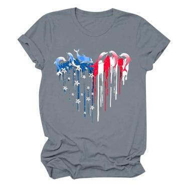 Imagem de Camiseta feminina com bandeira americana Dia da Independência Patriótica 4th of July Heart Graphic Tees Shirts Star Stripe Tops, Cinza, G