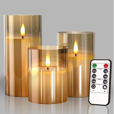 Imagem de Glass Battery Operated LED Flameless Candles with Remote and Timer, Real Wax Candles Warm Color Flickering Light for Festival Wedding Home Party Decor(Pack of 3)-Gold