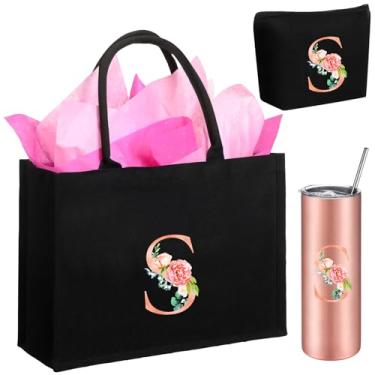 Imagem de Huhumy Sacola de lona inicial feminina personalizada para presente de aniversário, bolsa de maquiagem, monograma, copo inicial para mulheres, Várias cores, Large