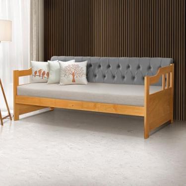 Imagem de Sofá Cama Dublin Mona Estofado Capitonê Veludo Cinza Madeira Maciça com 1 Colchão - Imbuia
